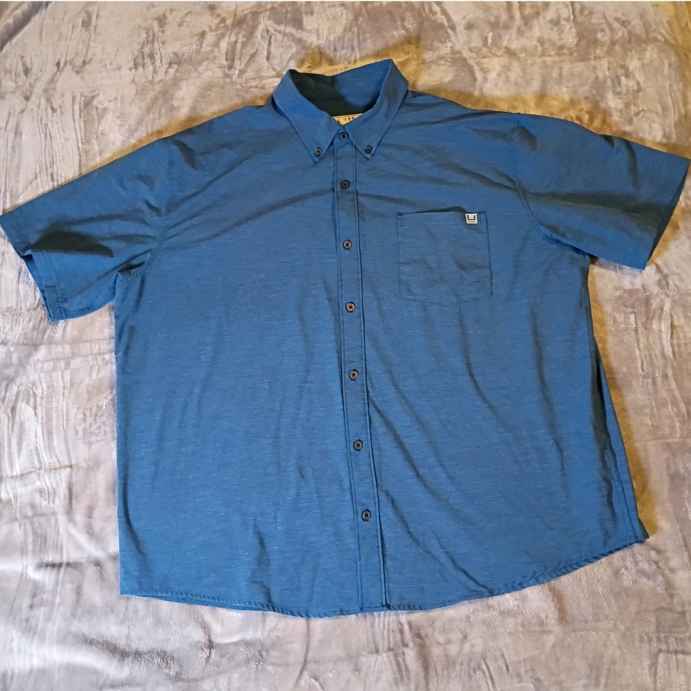 Huk Fishing Mens XXL Short Sleeve Button Down Shirt Heather Blue Stretch Utility